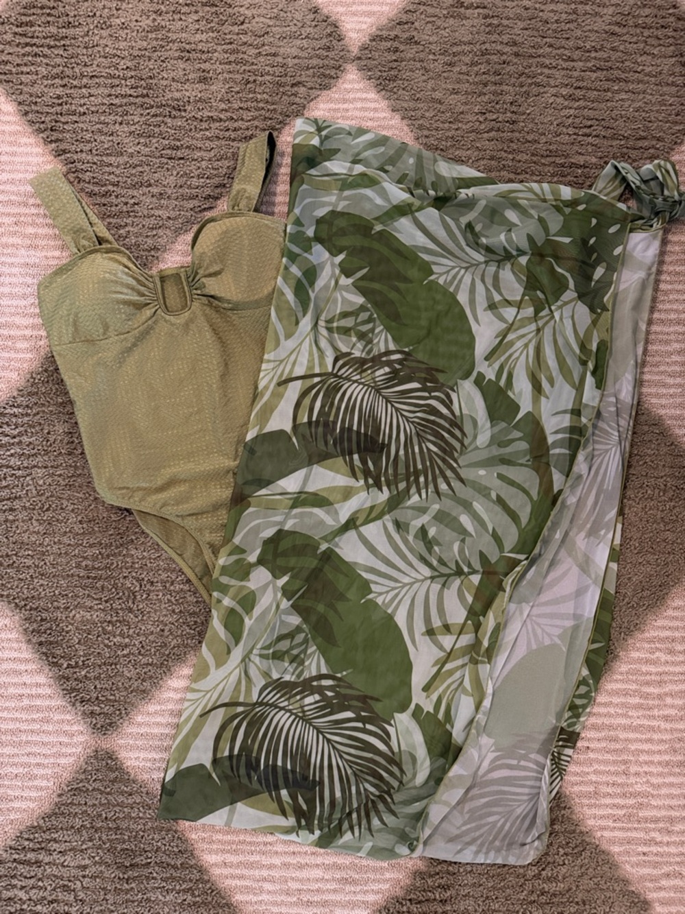 Olive Green One-Piece Swimsuit with Tropical Sarong